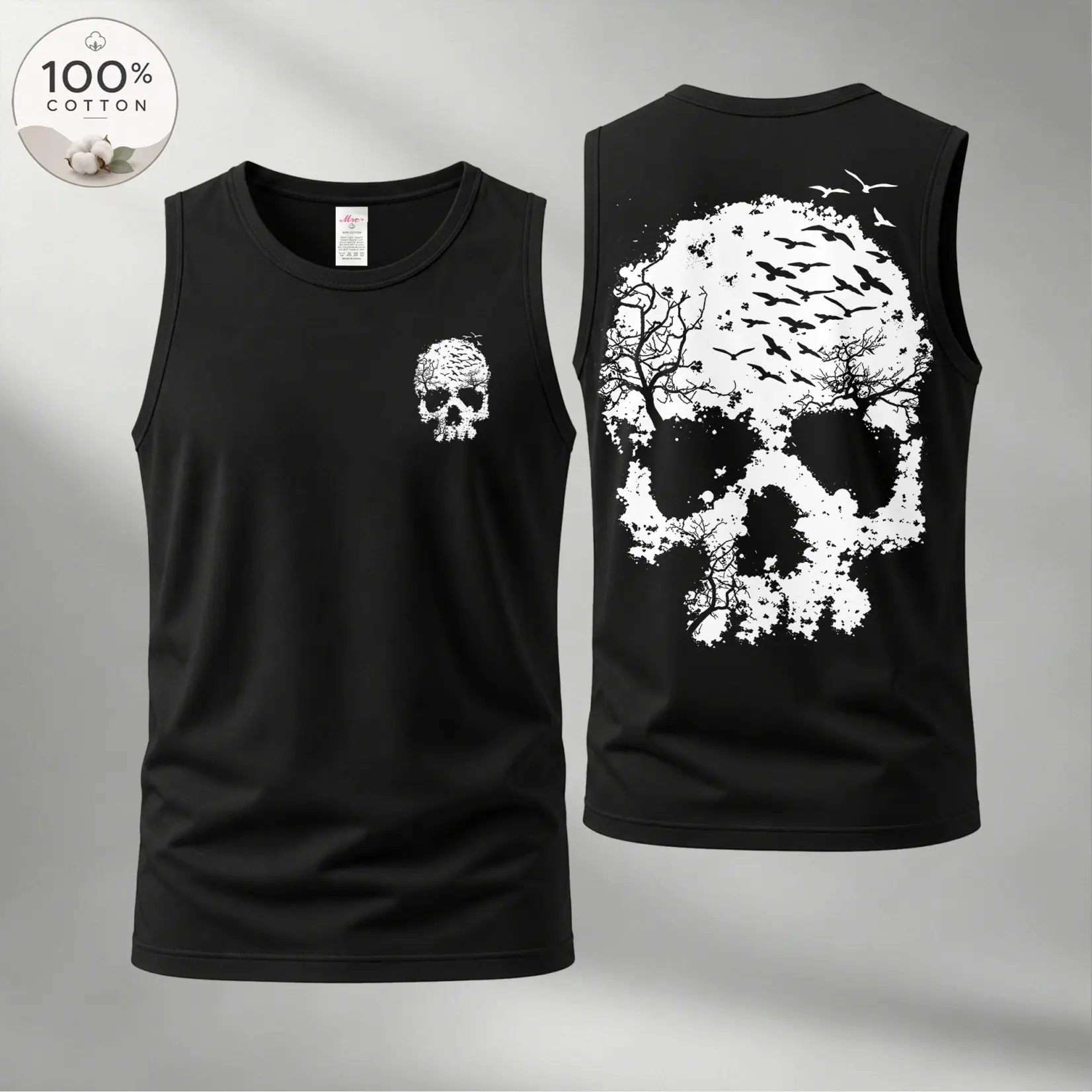 Men’s 100% Cotton Sleeveless Tank Top, Skull Graphic Muscle Shirt, Front and Back Print Casual Summer Tee, Soft Breathable Loose Fit Streetwear Top for Gym and Daily Wear