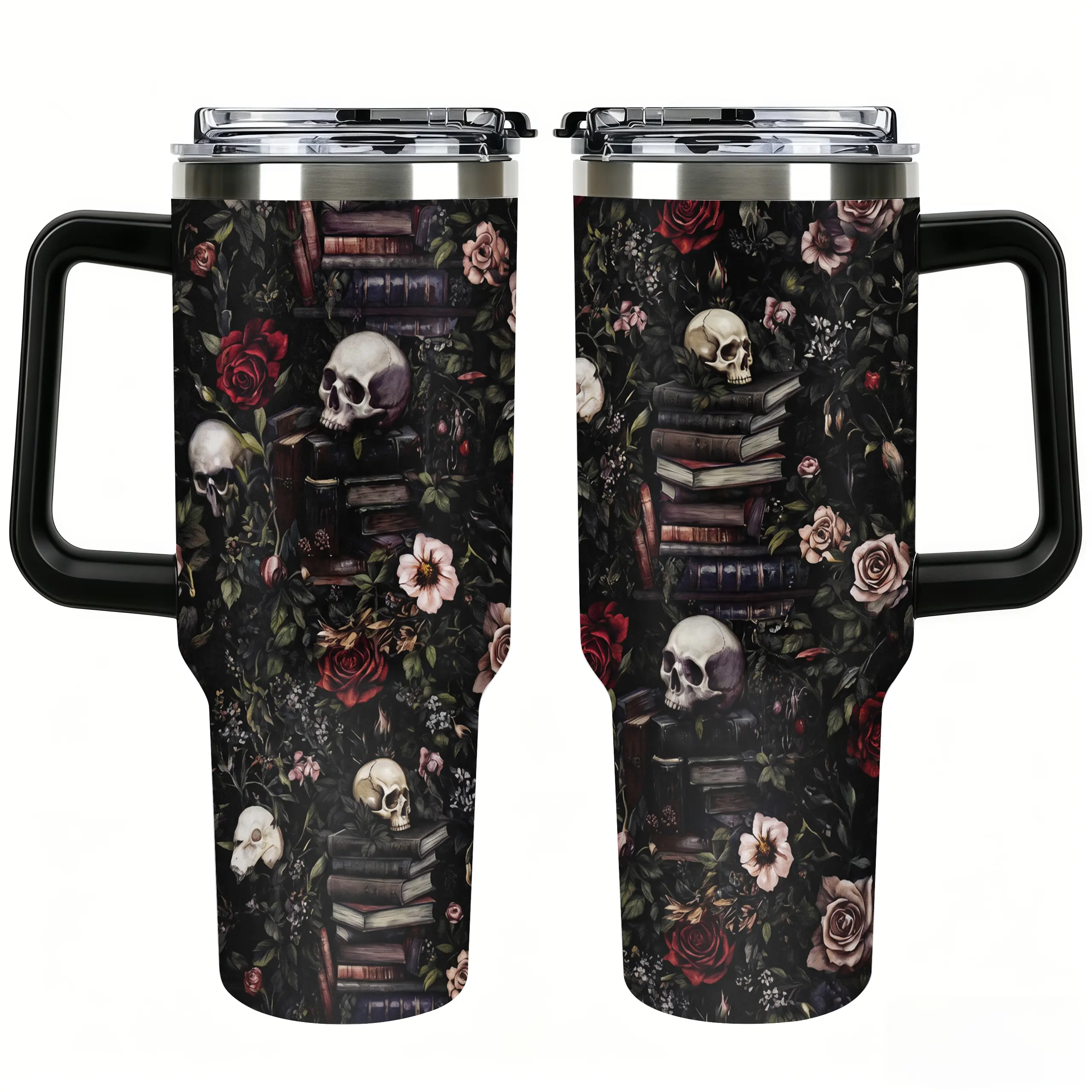 Dark Gothic Skull Rose Stacked Books Full Wrap 40oz Stainless Steel Tumbler with Black Handle Lid Straw, Dark Academia Floral Skeleton Print Travel Coffee Cup, Witchy Bookish Beverage Cup, Unique Gift for Gothic Book Lovers Dark Art Fans