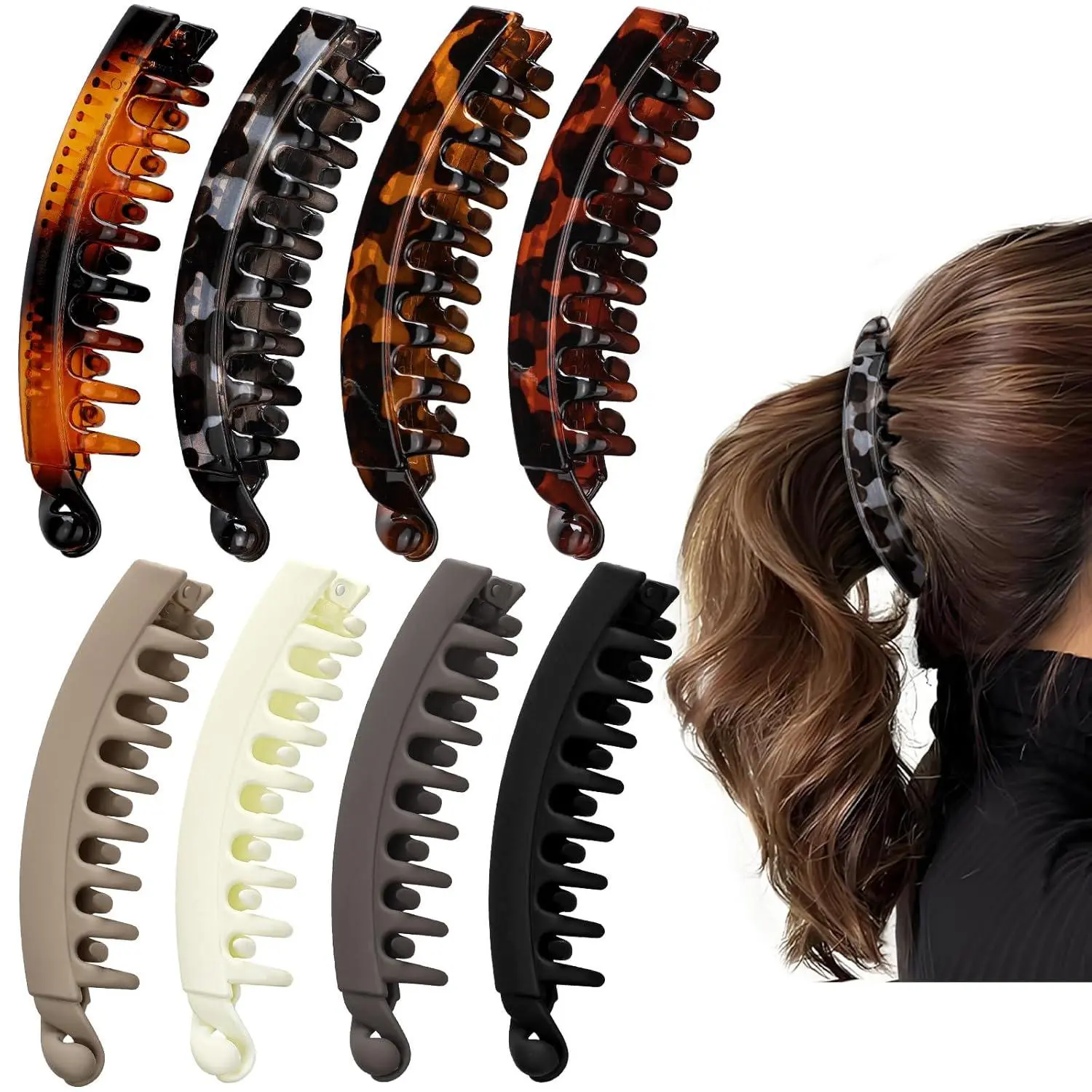 8Pcs Large Retro Banana Vertical Hair Clips, Non-Slip Interlocking Teeth Matte Gloss Tortoise Shell Ponytail Holders