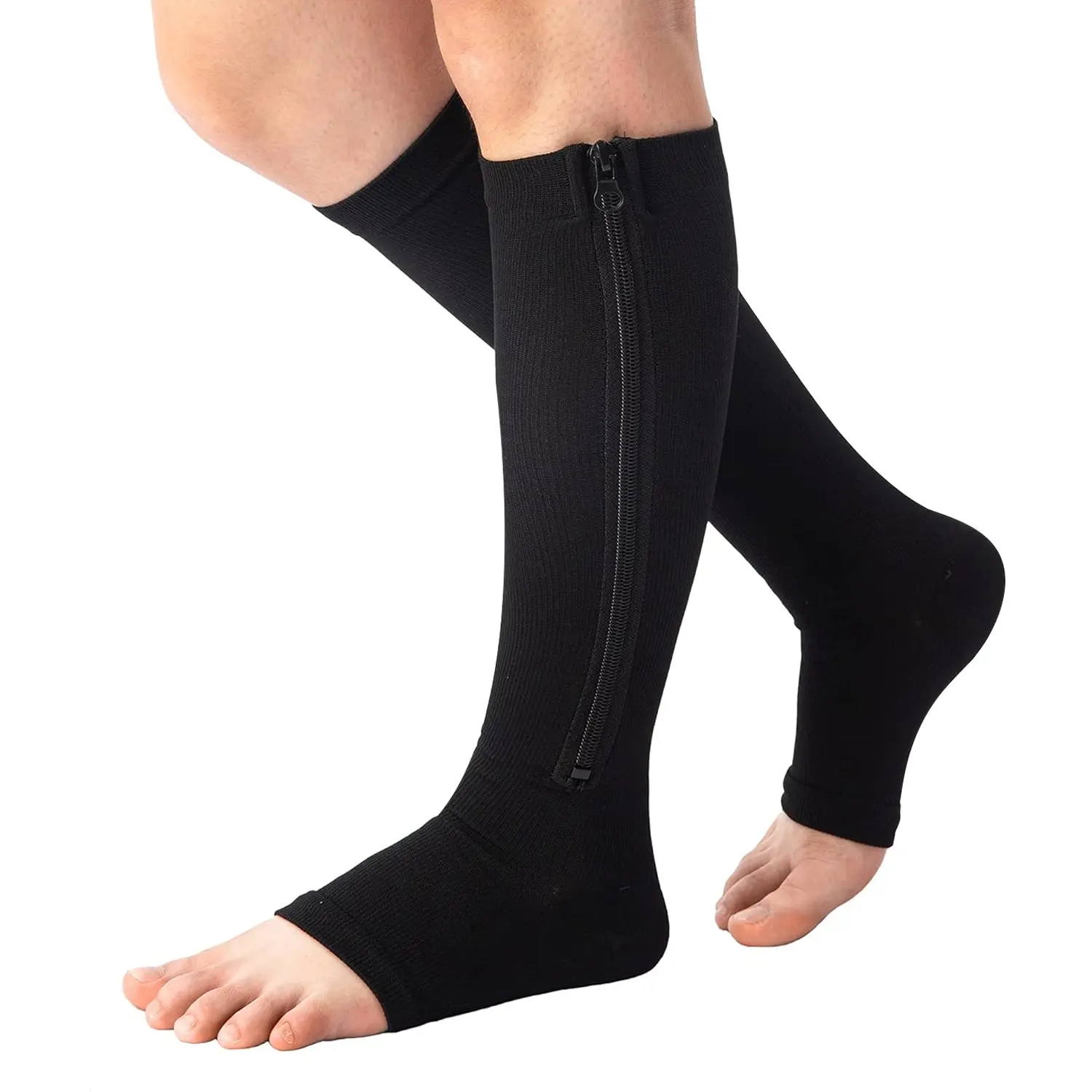 3 Pairs Zipper Compression Socks 20-30mmHg, Open Toe Knee High Support for Women & Men, Nurses, Travel & Edema Relief. calf athletic tight