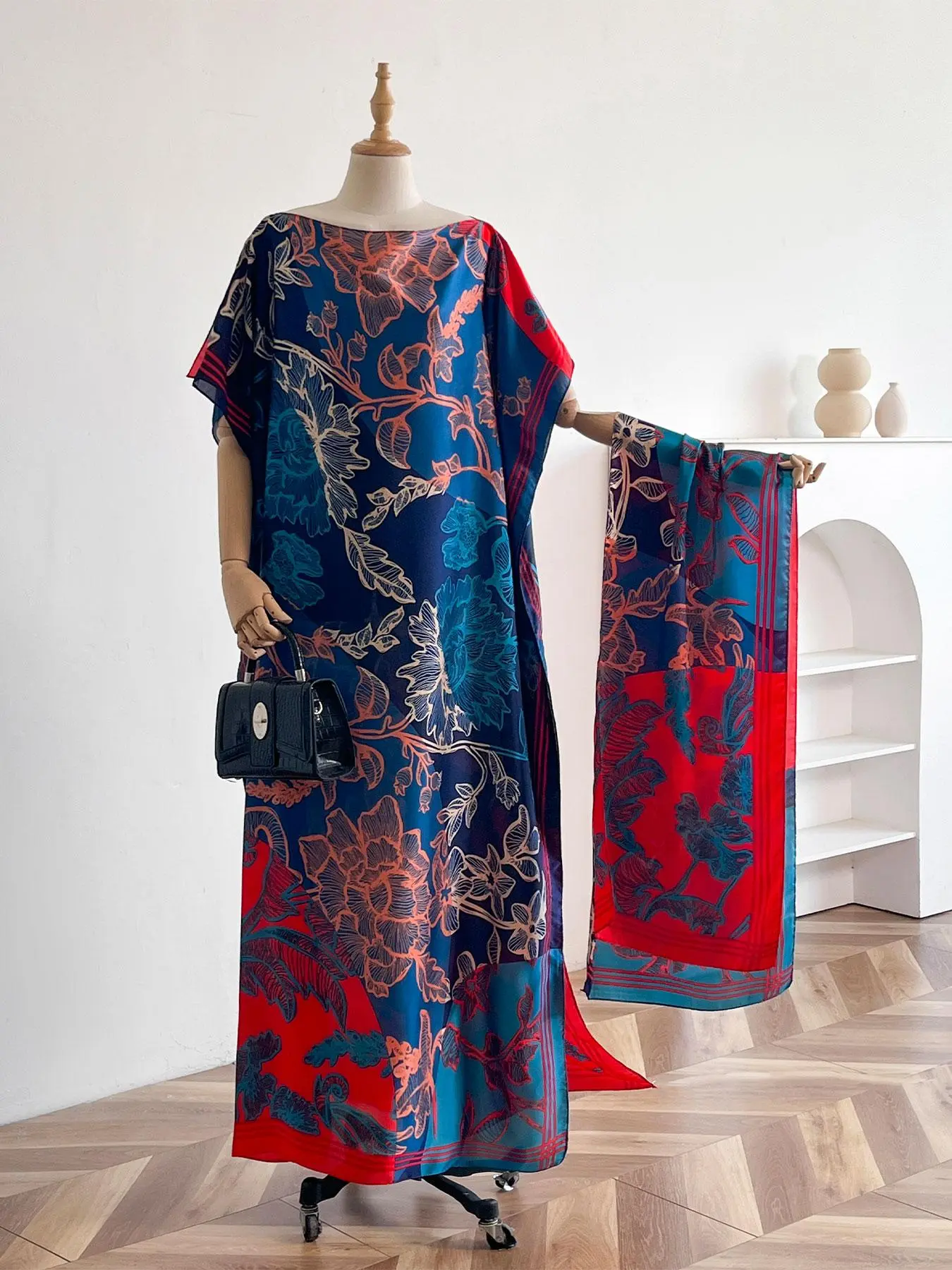 Women's Floral Print Lightweight Long Dress & Scarf Piece Set Outfit, Boho Casual Wear Shawl Dress & Scarf Set for Beach Vacation Holiday, Ladies Clothes for All Seasons