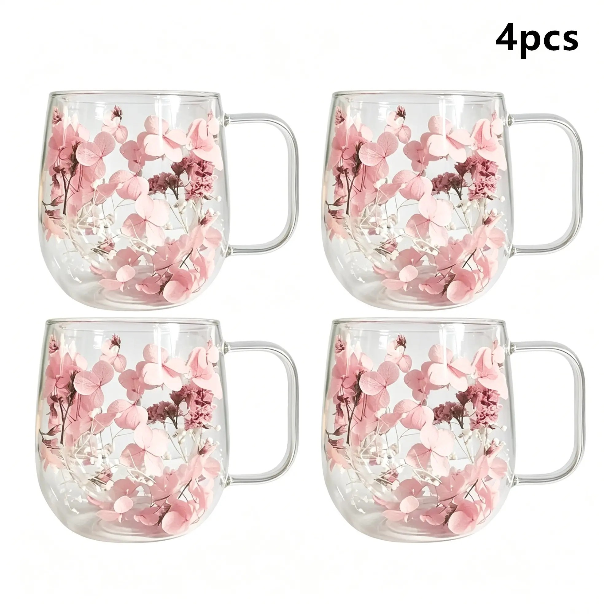 4-Piece Dual-Layer Glass Coffee Cup Set, Real Flower Design, Suitable for Coffee Milk Beverages, Hand Wash Only, Non-Lead Crystal Glass, Glass Mugs, Mug Sets
