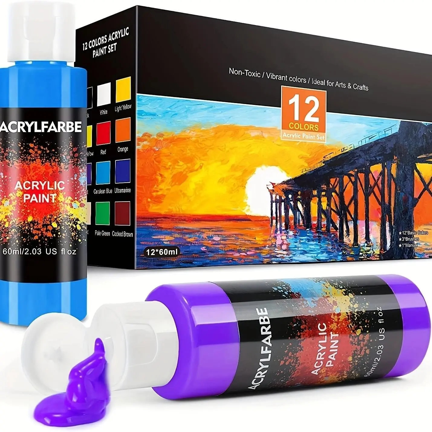 12 Color Acrylic Paint Set, 60ML Bottles, Includes 3 Brushes, High Saturation, Ideal for Canvas, Ceramics, Wood, Metal, DIY Art Supplies