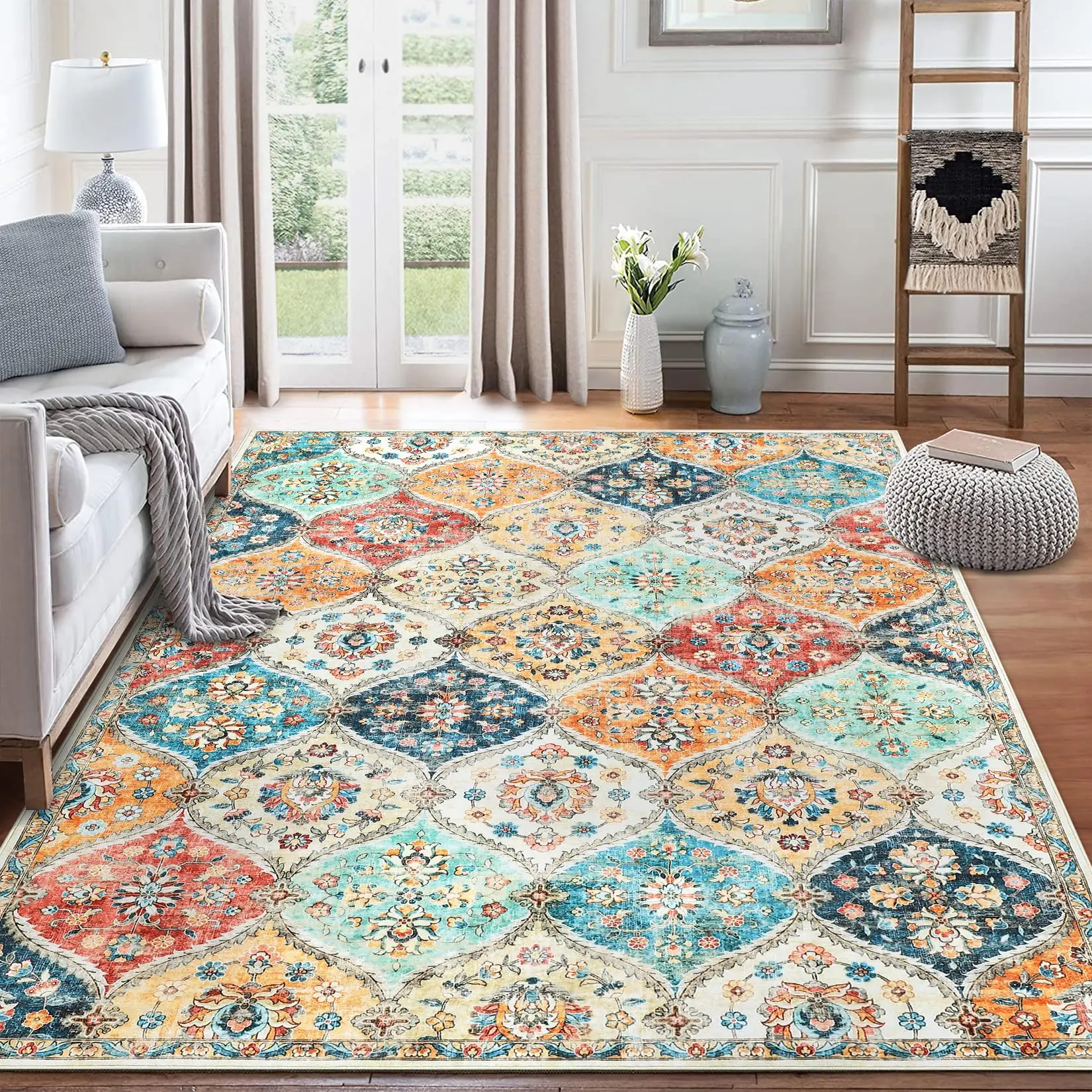 Vintage Oriental Decor Rug Distressed Geometric Print Stain Resistant Non Slip Machine Washable Soft Non Shedding Foldable Farmhouse Style Area Carpet For Farmhouses Bedrooms Playrooms Living Rooms Laundry Rooms