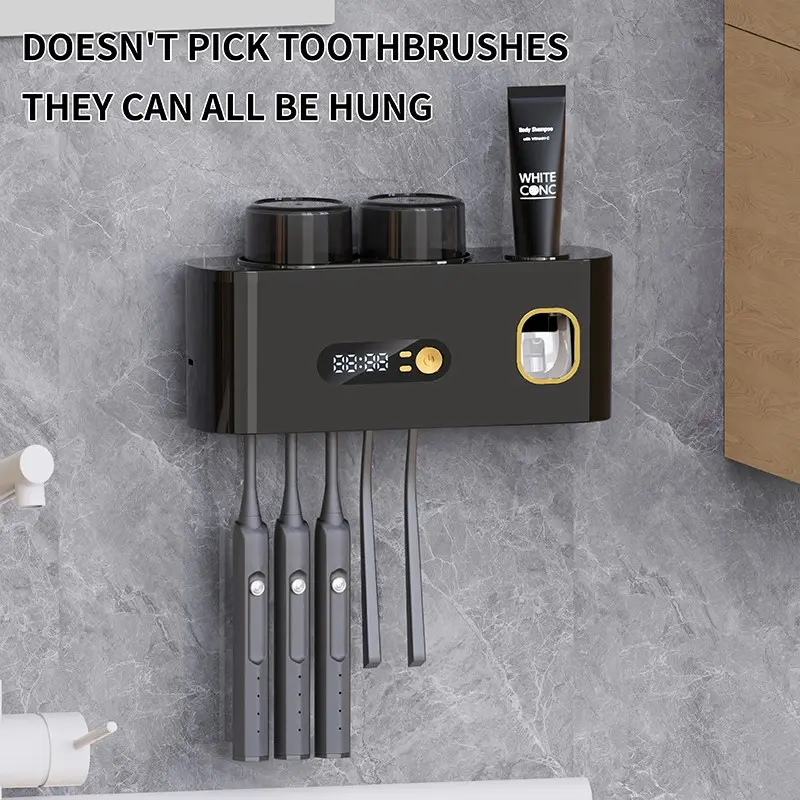 1 Smart Toothbrush Sanitizer with 2 Cups Automatic Toothpaste Dispenser, 5 Slots Storage Brush Holder, USB Rechargeable Lithium Battery And Clock Display | Wall Mounted Bathroom Countertop Stand Modern Bathroom Organizer | Durable Plastic Rack for T