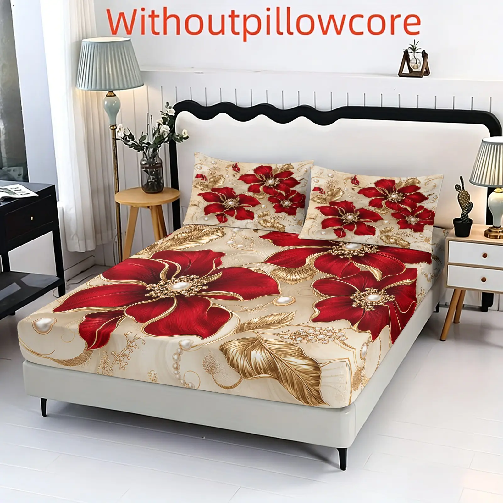 3pc Red Gold Pearl Flower Print Bed Cover Set, Print Bedding Set, including 1 bed cover, 2 pillow covers, does not include pillow core, deep pocket design, suitable for single, double beds