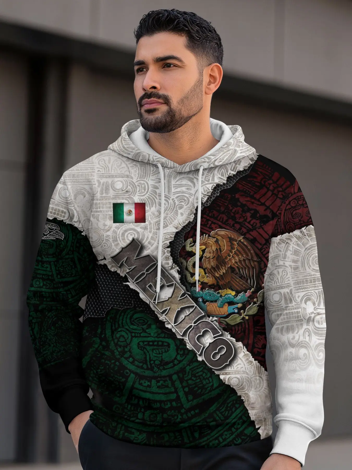 Men's Mexican Eagle Snake Flag Hoodie, Aztec Print Casual Loose Fit, All Seasons Streetwear, Ethnic Style Pullover for Latin Diaspora Sweatshirts