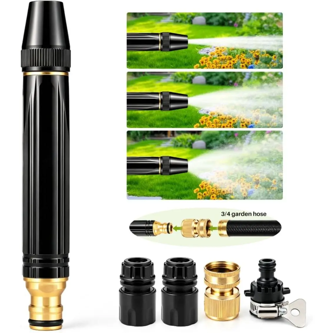 High Pressure Brass Body Hose Nozzle with 3 Modes, 3/4" GHT Quick Connectors for US Fittings - Heavy-Duty Direct Spray Hose Gun for Car, Lawn Care, Garden Surfaces