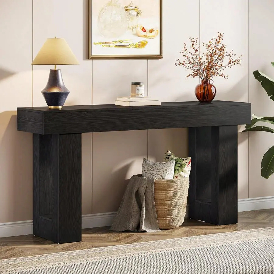 LITTLE TREE Farmhouse Console Table, 63-Inch Long Wooden Sofa Table Behind The Couch, Narrow Entryway Table For Entrance, Hallway, Living Room, Black
