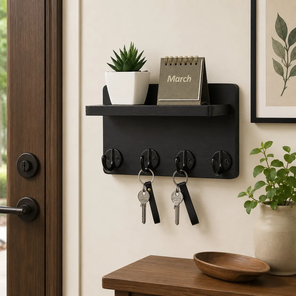 Rustic Wall Key Holder with Shelf, Decorative Wooden Key and Mail Organizer, Home Organizer Hook, Wall-Mounted Key Rack with 4 Large Hooks, Paulownia Wood Entryway Decor Storage Rack
