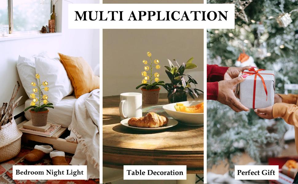 Lily of The Valley Lamp, Crochet Artificial Flowers with Night Lights, Cordless Table Lamp - Women Gift Ideas for Christmas Valentine Mother's Day, Desk Home Decorations (Pink)