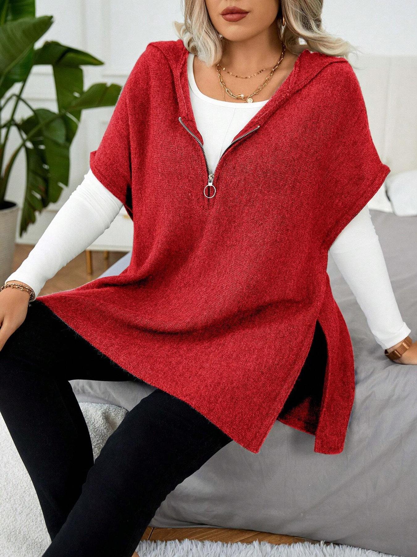 【Plus Size】 Women's Solid Half Zip Up Hooded Sweater, Casual Split Hem Jumper for Spring & Fall, Fashion Women's Knitwear for Daily Wear