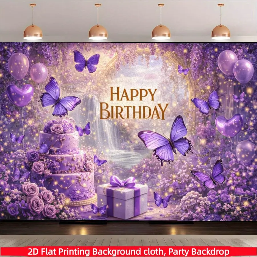 Purple Rose Butterfly Cake Birthday Theme Polyester Background Banner, suitable for living rooms, bedrooms, birthday parties, theme parties, best friend gatherings, anniversaries, home decoration, indoor parties, photography background fabrics