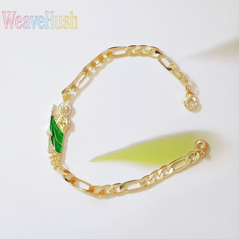 New Vintage British Style Virgin Mary Bracelet, 18K Gold Plated Green Saint Jude Pendant Bracelet, Religious Catholic Faith Jewelry for Women, Adjustable Retro Design for Daily Wear, Church, Prayer & Meaningful Religious Gifting