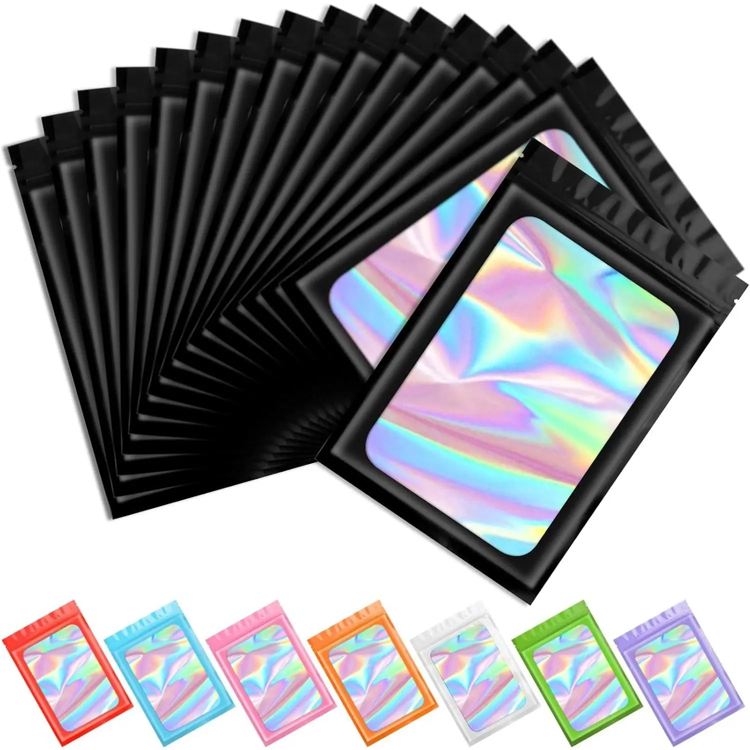 100 pcs Black Mylar Holographic Resealable Bags,Clear Packaging Bag Odor Proof Foil Pouch Bag for Food Storage, Lipgloss, Jewelry, Eyelash Packaging for Small Business - 3x4.7 Inch