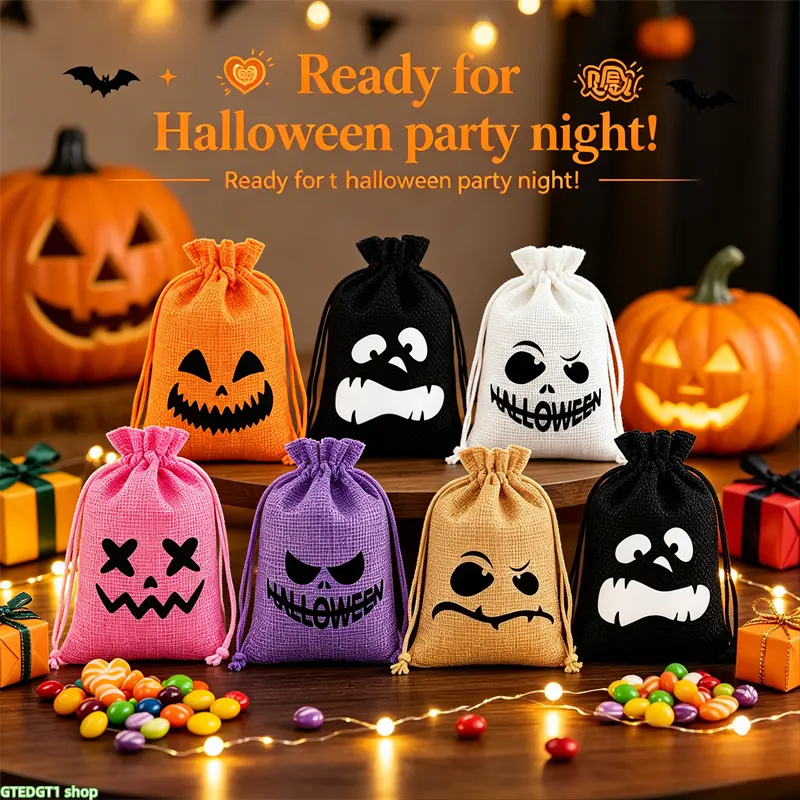 Funny Halloween Linen Pull-Rope Bag, Grimace Faces & Ghost Prints, Multi-Use Snack Storage & Party Gift Bag, 10 * 14Cm (Single Bag Size)