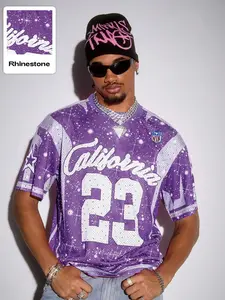 Men's Rhinestone Starry California 23 Loose Mesh Rugby Jersey, Casual Long Sleeve Top, Comfortable and Stylish Design