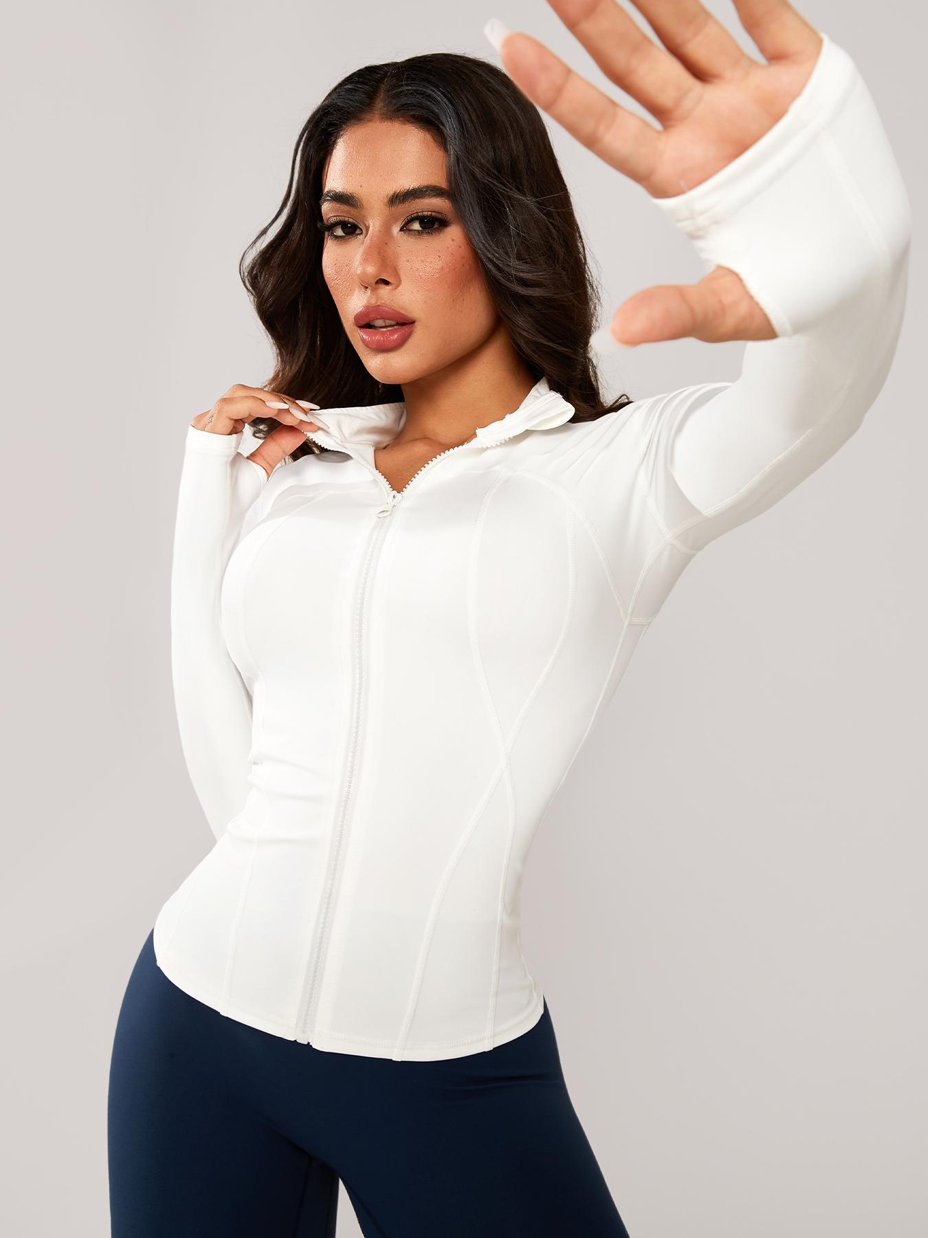 Women's Stand Collar Sport Jacket, Thumb Hole Design, Comfortable Breathable Training Long Sleeve Coat, Gym & Outdoor Cycling Fashion, High Elasticity Jacket