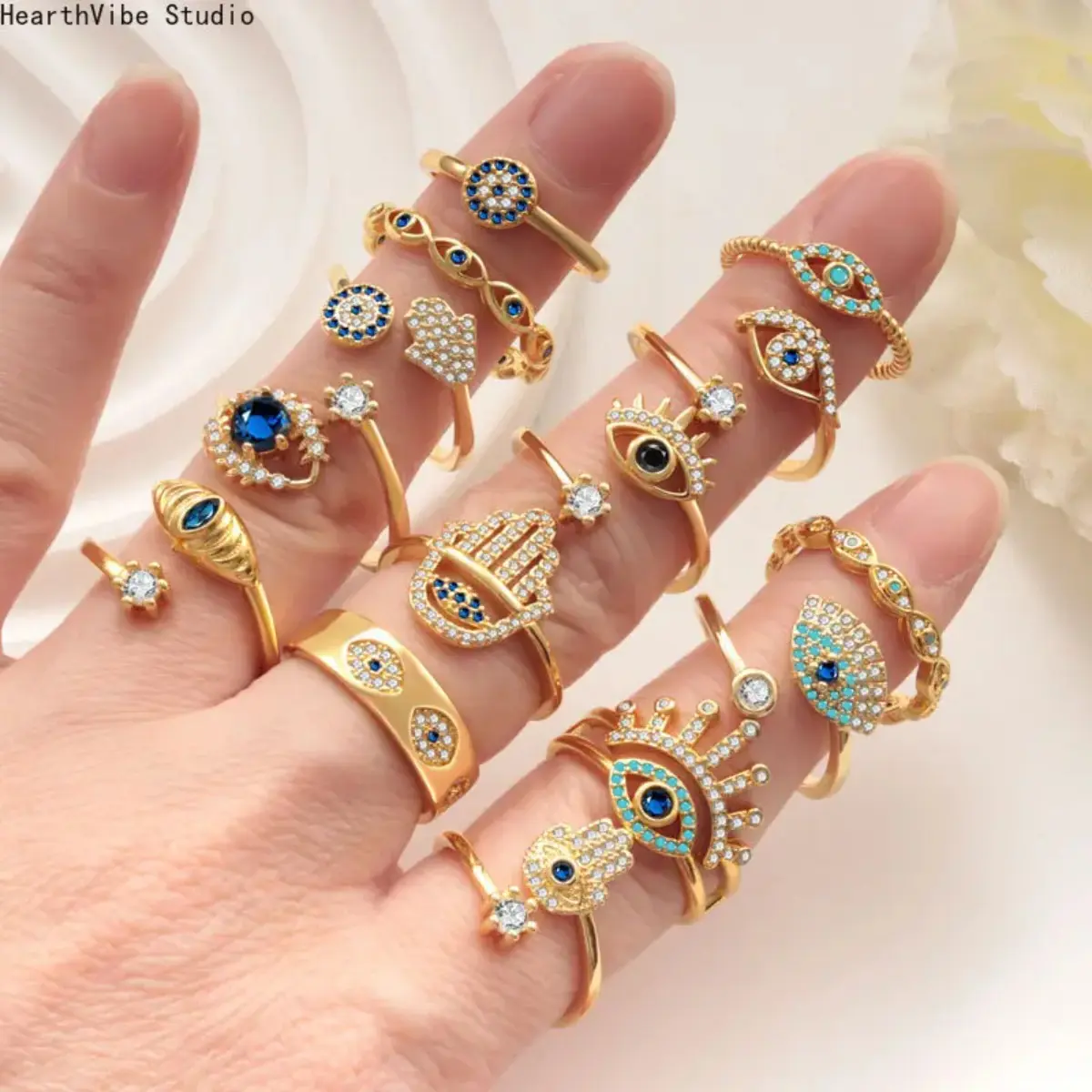 18K Gold Filled Evil Eye Open Ring, Micro Pave CZ Dainty Jewelry with Adjustable Design, Minimalist Statement Accessory for Women, Daily Wear, Parties and Special Occasions