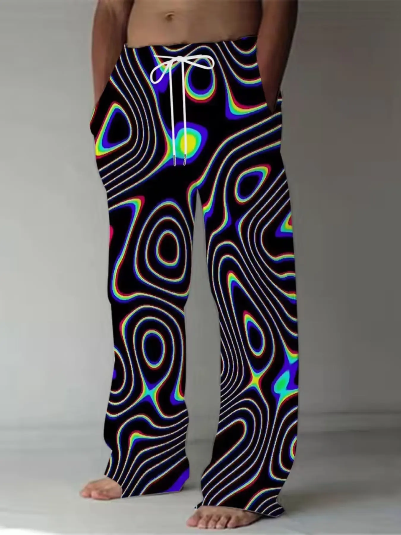 Men's Psychedelic Neon Contour Print Wide Leg Pants, Elastic Drawstring Loose Fit Street Party Casual Trousers, All Seasons