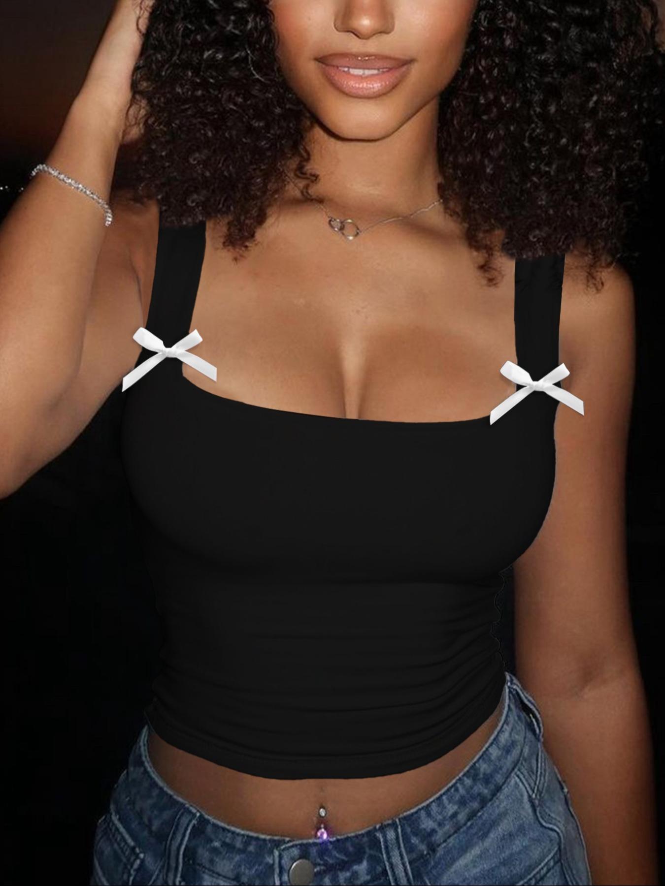 Women's Bow Decor Crop Tank Top, Fashion Solid Color Sleeveless Cropped Top for Summer, Fashion Women's Top for Daily Wear