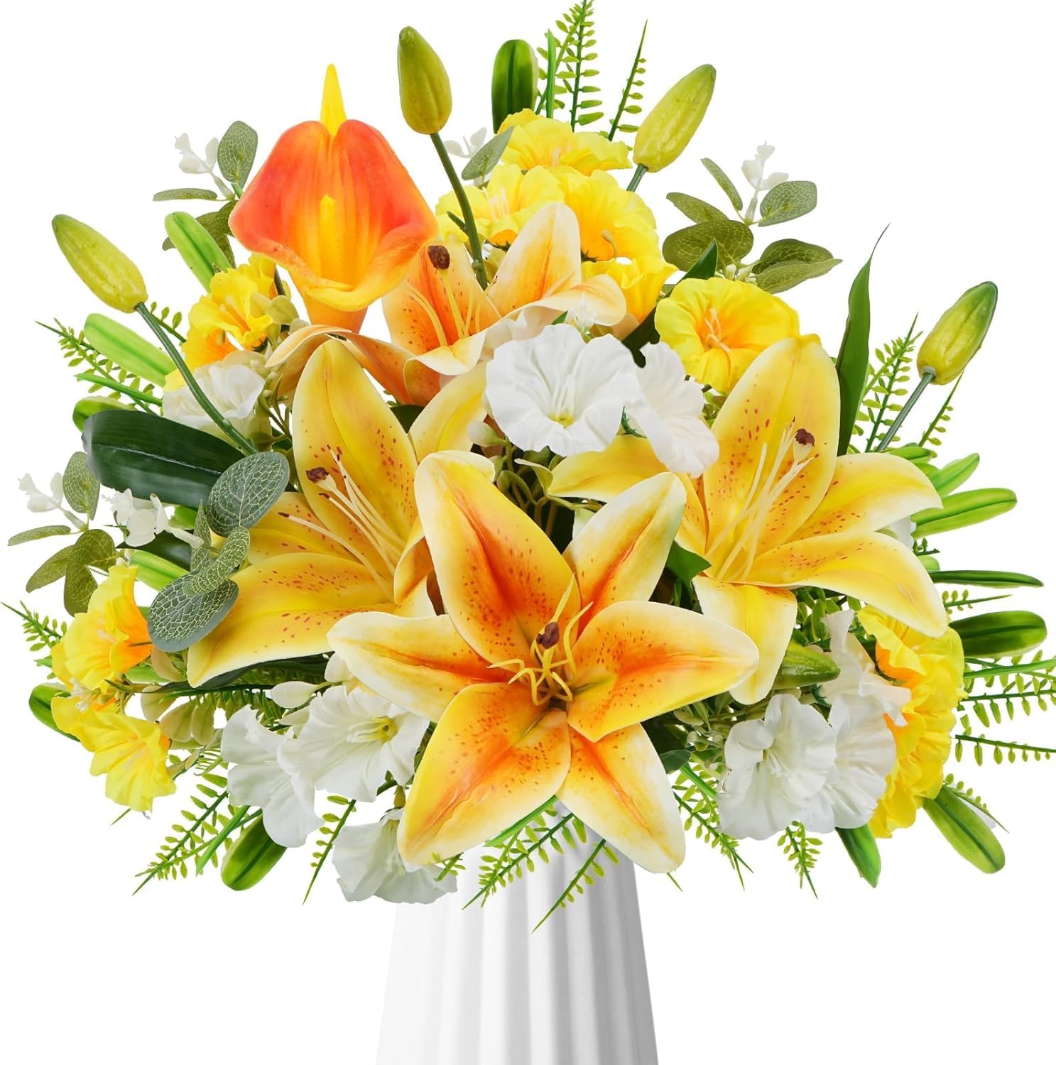 Yellow Flowers Bouquet 11 Stems Artificial Tiger Lilies Mixed Faux Morning Glory Calla Lily; Fake Flowers Spring Decorative Flowers Floral Arrangement for