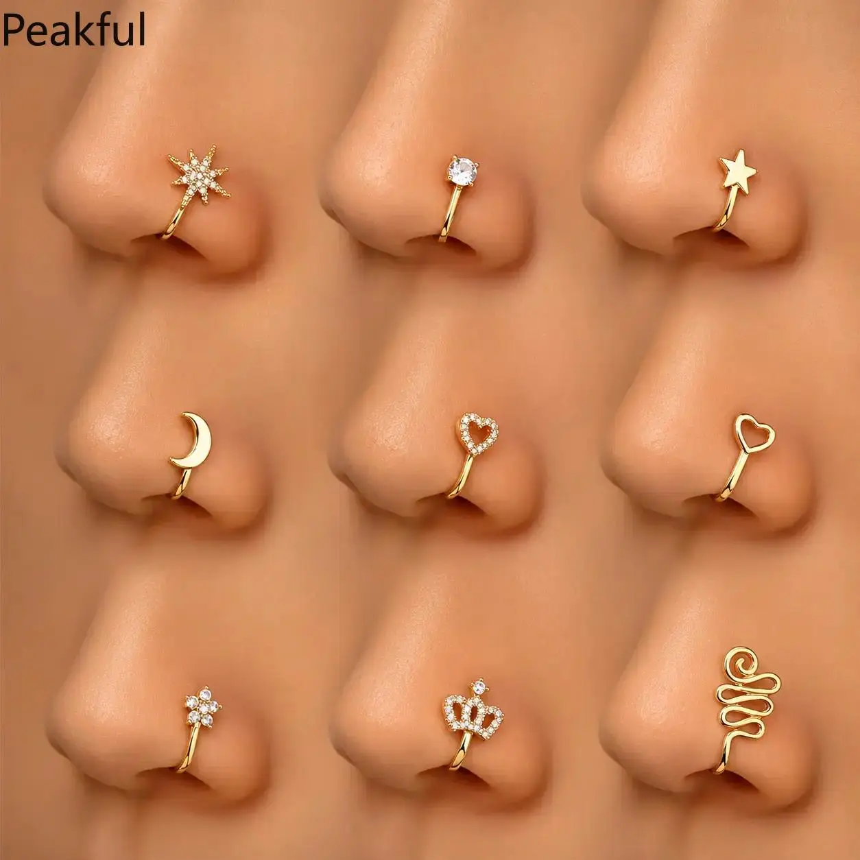 9Pcs Non-Piercing Nose Rings Clip-On U-Shape with Zirconia, Star Heart Crown Copper Nose Cuff Set, Fashion Body Jewelry for Women Girls, Summer Beach Vacation Outfits
