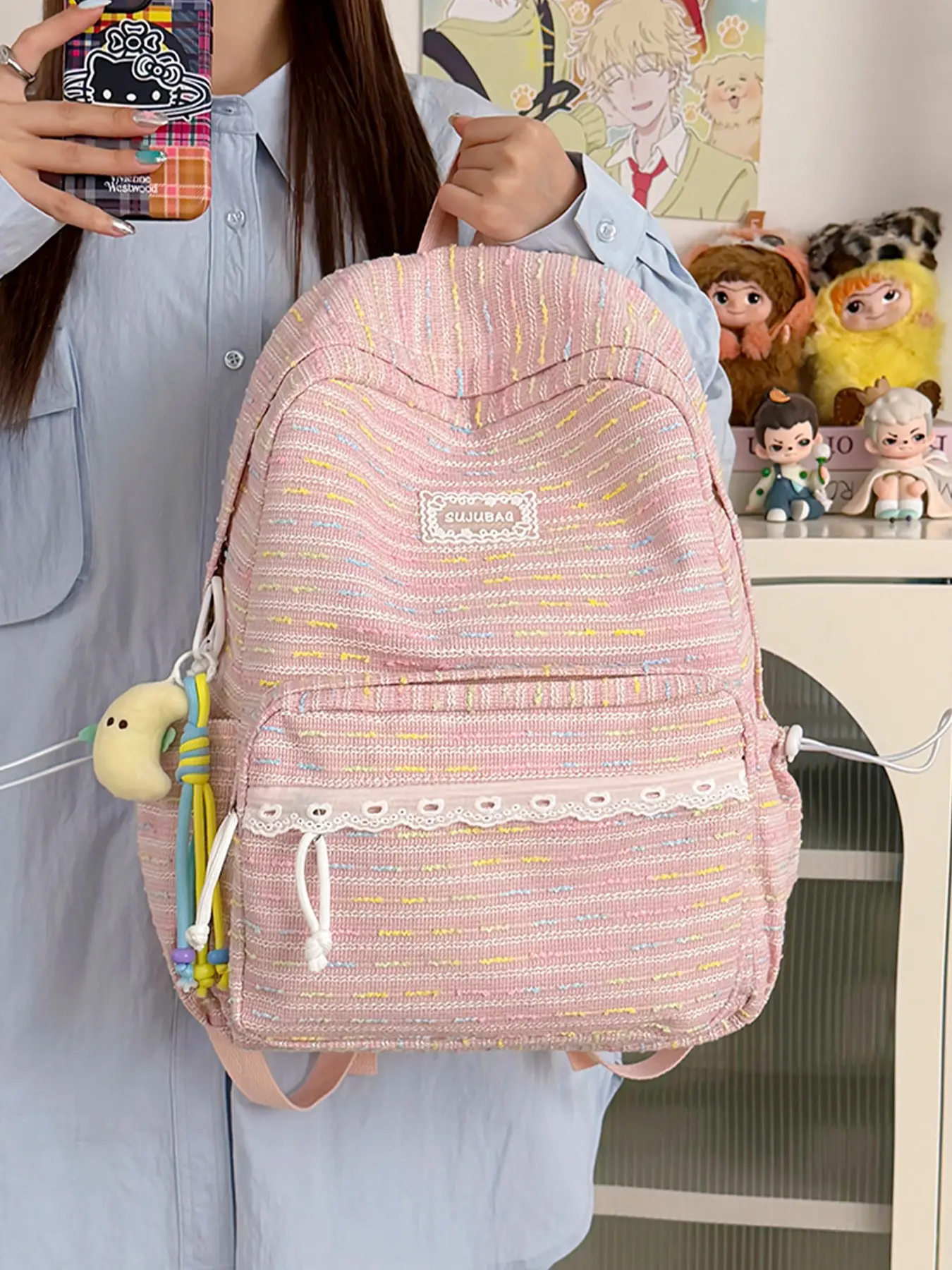 1pc Pink Toned Color Thread Woven Backpack Lace Trim Front Pocket Plush Doll Charm Multi Layer Side Pocket Wide Strap Large Daypack For Girls Middle High School Cute Backpack