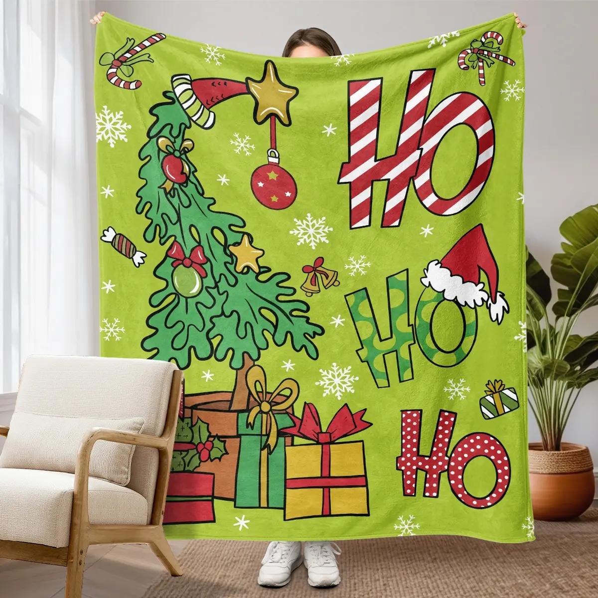 1pc Ho Ho Ho Cartoon Christmas Tree Fleece Blanket, Bright Green Base Hand Drawn Xmas Tree Gift Candy Cane Snowflake Fun Letter Print. Soft Warm Throw for Sofa, Bed, Office, Camping Trip, Ideal Christmas Gift.