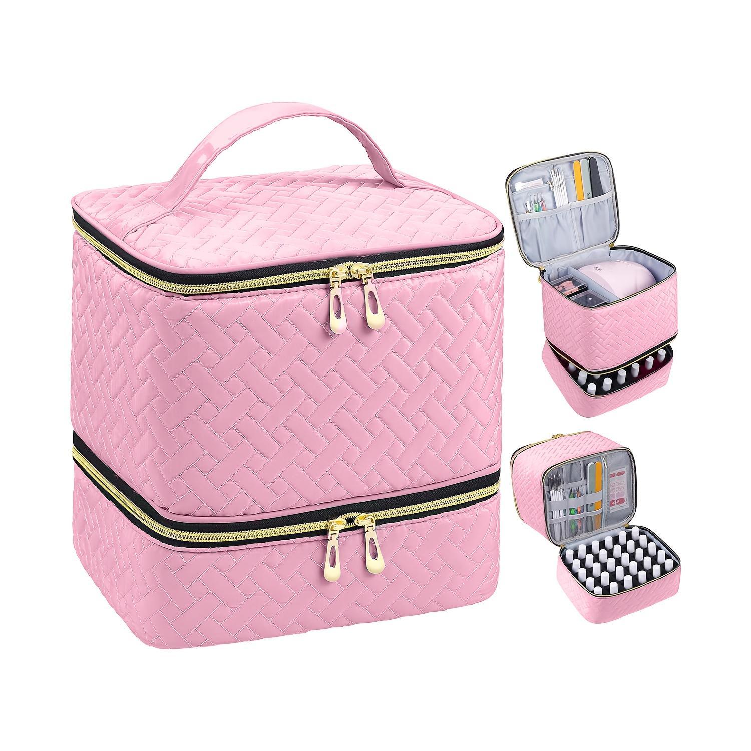 Double Layer Nail Polish Organizer Makeup Box, Portable Large Capacity Travel Case, Zipper, Durable and Lightweight