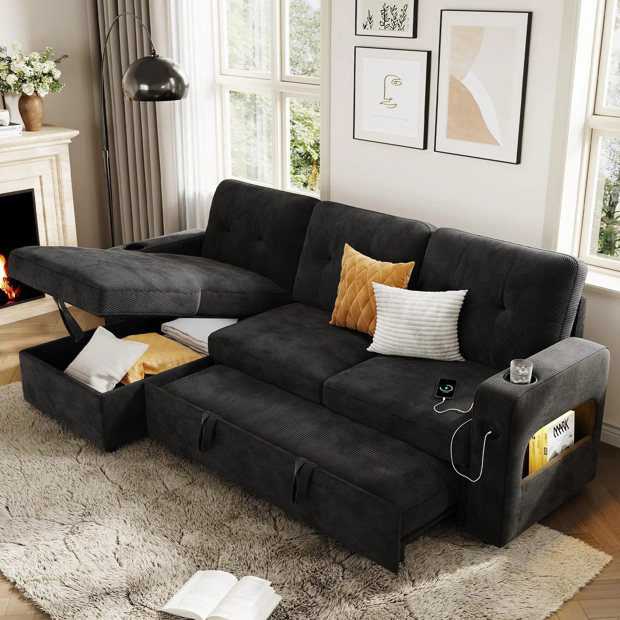 84" Sleeper Sofa Bed, L-Shaped Convertible Couch with Storage, Charging Station & LED Lights for Living Room, Apartment, Corduroy