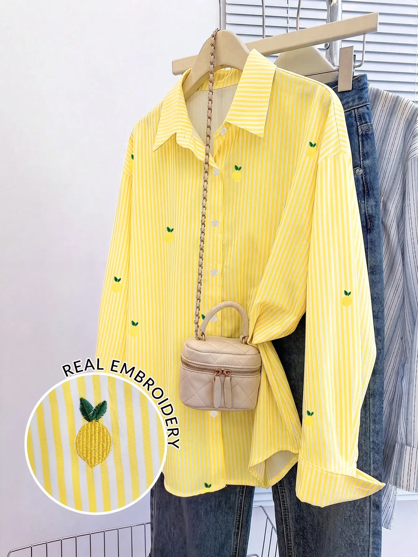 Women Collared Button Down Long Sleeve Shirt, Vertical Striped Fruit Embroidery Blouse, Chic Relaxed Fit Top For Everyday Street And Casual Date Outfit
