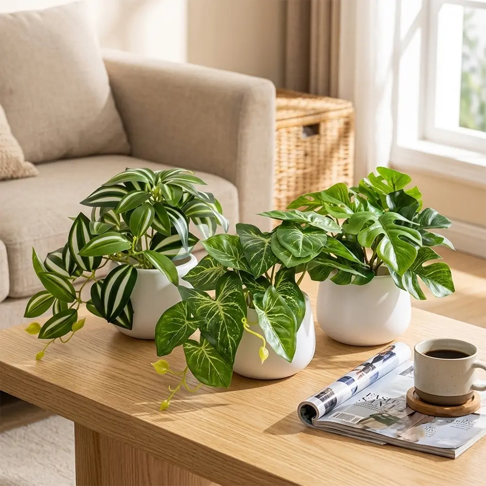 3pcs Instagram-style artificial green plants in simple white pots. Perfect for any indoor setting, these tabletop artificial plant decorations effortlessly create a soft, soothing, and natural atmosphere. Fake Indoor Plants