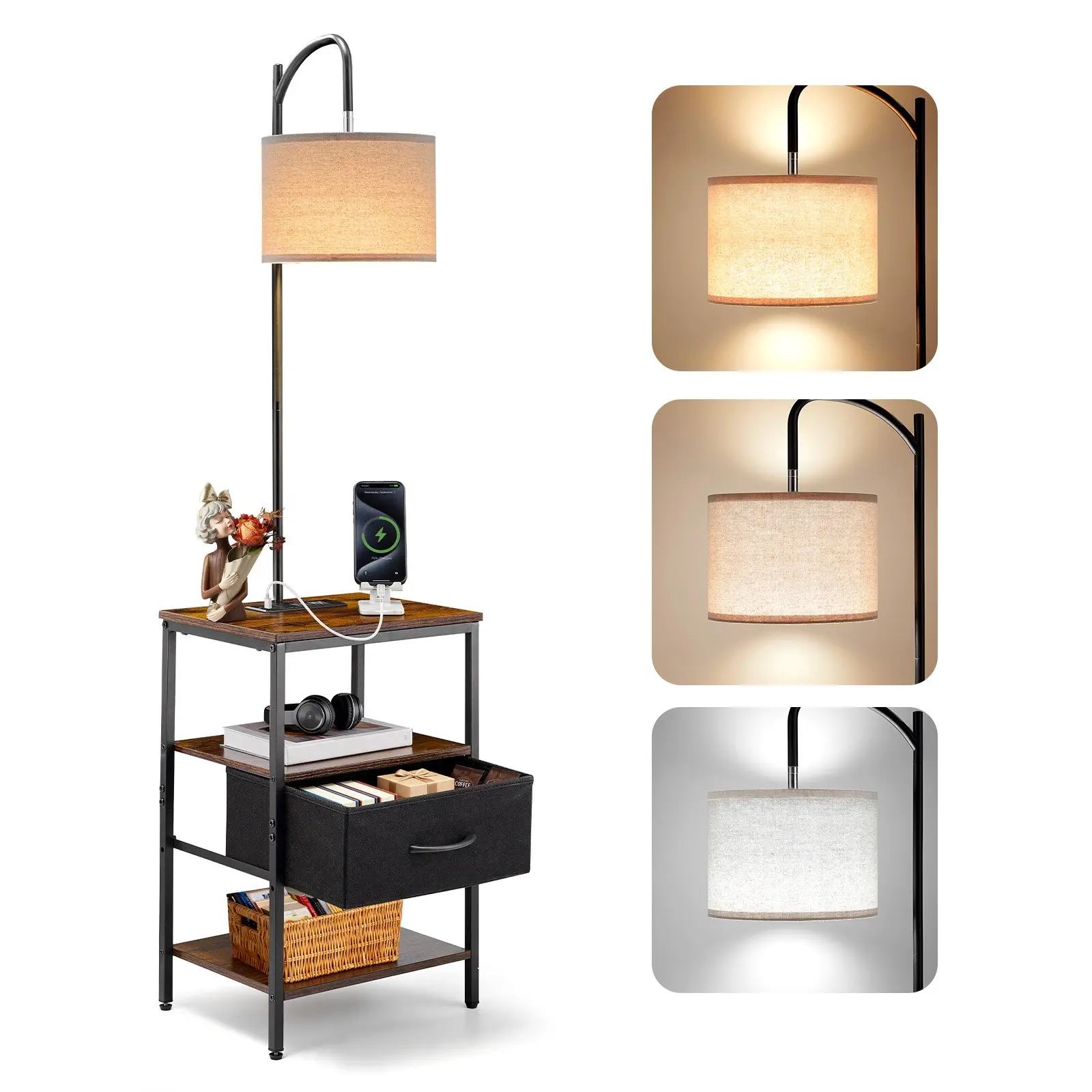 VEVOR Floor Lamp with Table, 3-Tier End Table with Drawer and 3 Color Temperature Lighting, Modern Side Nightstand Bedside Desk with USB Type C AC Charging Port for Living Room, Bedroom, Dorm