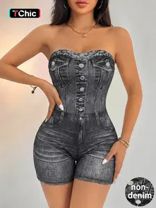 Women's Denim-effect Print Button Tube Romper, Casual Strapless Skinny Romper for Daily Outdoor Wear, Ladies Clothes for Summer, Pockets, Bodycon Jumpsuit