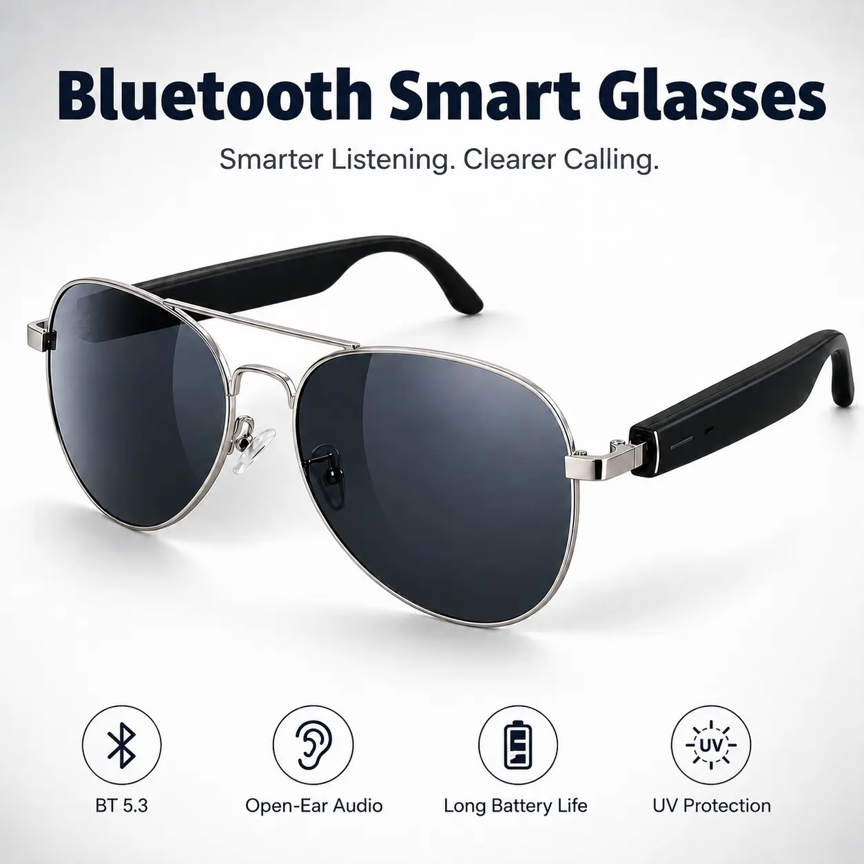 Smart Glasses for Men Women, Aviator Audio Sunglasses with Open-Ear Sound, Voice Assistant, Touch Control, Music and Calls for Driving Cycling, Wireless Audio Eyewear