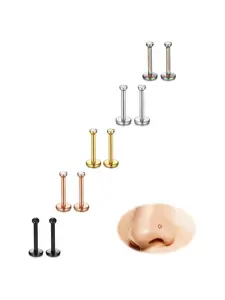 5 Pairs Vibrant Color Screwback Flat Back Piercing Jewelry Set for Women Men Stainless Steel Internally Threaded Studs Shiny CZ Bright Colors Compatible with Nose Lip All Cartilage Ear Piercings Lightweight Ideal Replacement Studs for Sensitive Ears