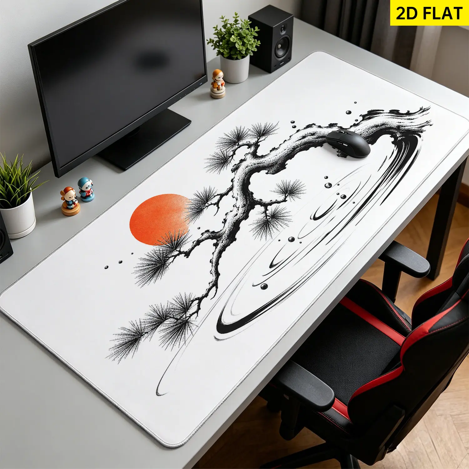 Extra Large Zen Ink Wash Pine Tree and Red Sun Mouse Pad,Non Slip Rubber Pad,Desktop Decoration Drotection Pad,Washable,Lock Edge Multi Size,Premium Multipurpose Mousepad For Home,Office,Gift for Family and Friends