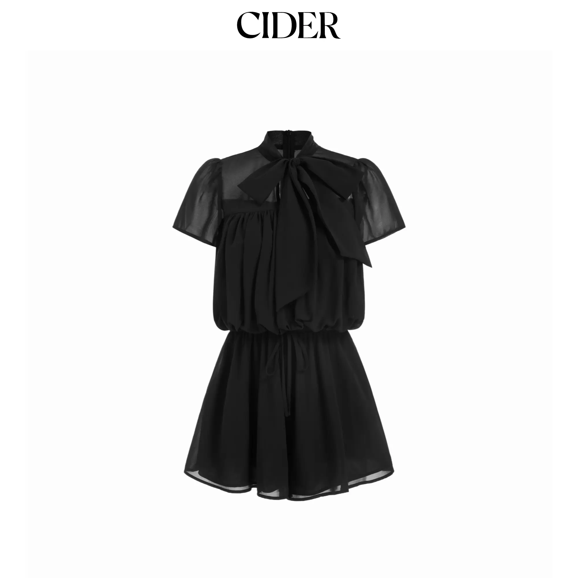 Cider Chiffon Stand Collar Puff Sleeve Bowknot Drawstring Ruffle Romper