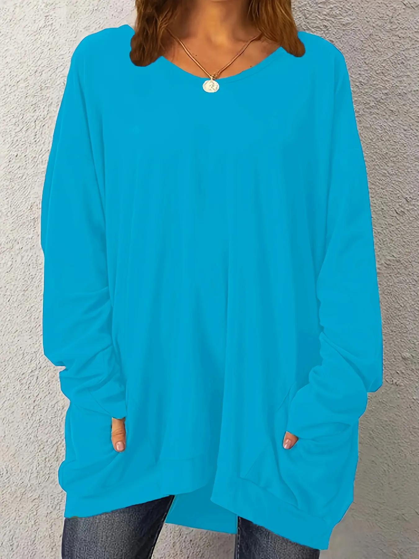 Plus Size Long Sleeve T-Shirt for Women, Solid Color Casual Wear with Round Neck, Elegant Style, Stretchy Knit Polyester Fabric, Pocketed Fall & Winter Top