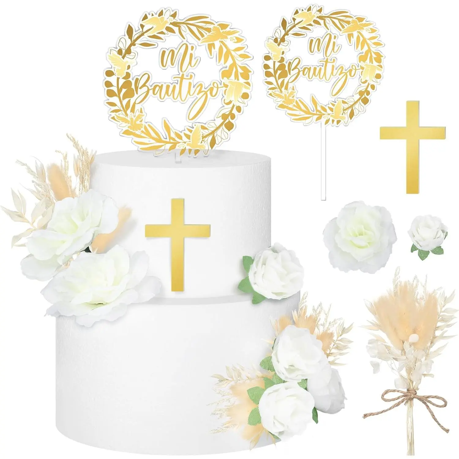 9 Pcs Mi Bautizo Cake Topper Gold Cross and Dried Flower Decor Set First Holy Communion Baptism Cake Pick Religious God Bless Baptism Cake Decoration for Celebration Milestones Decor