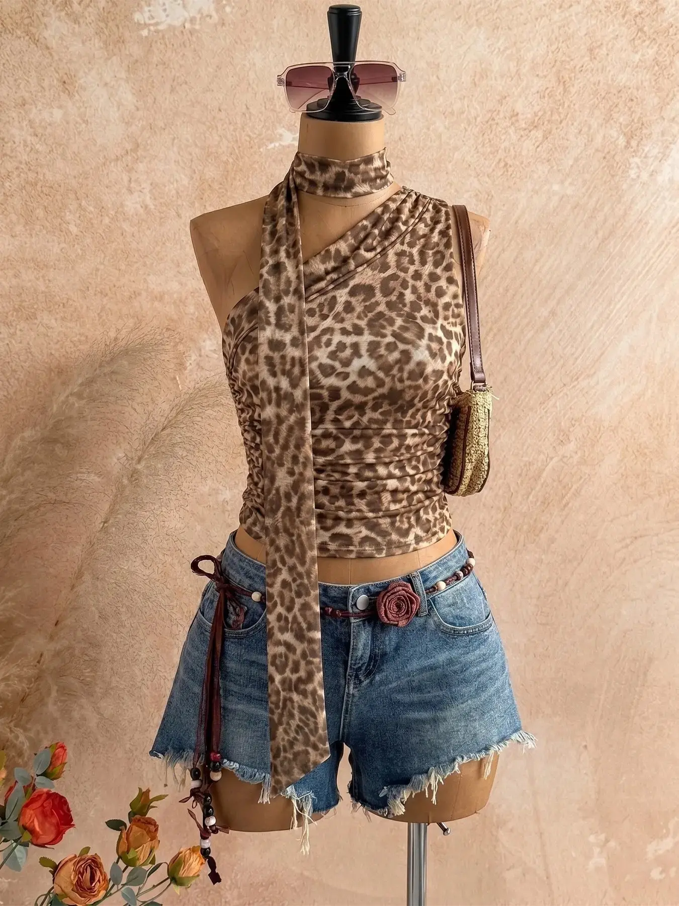 Summer Comfortable Daily Leopard Print Tank Top, Casual Fitted Straps, Plain Pattern, No Collar, Non-Full Placket, Unlined