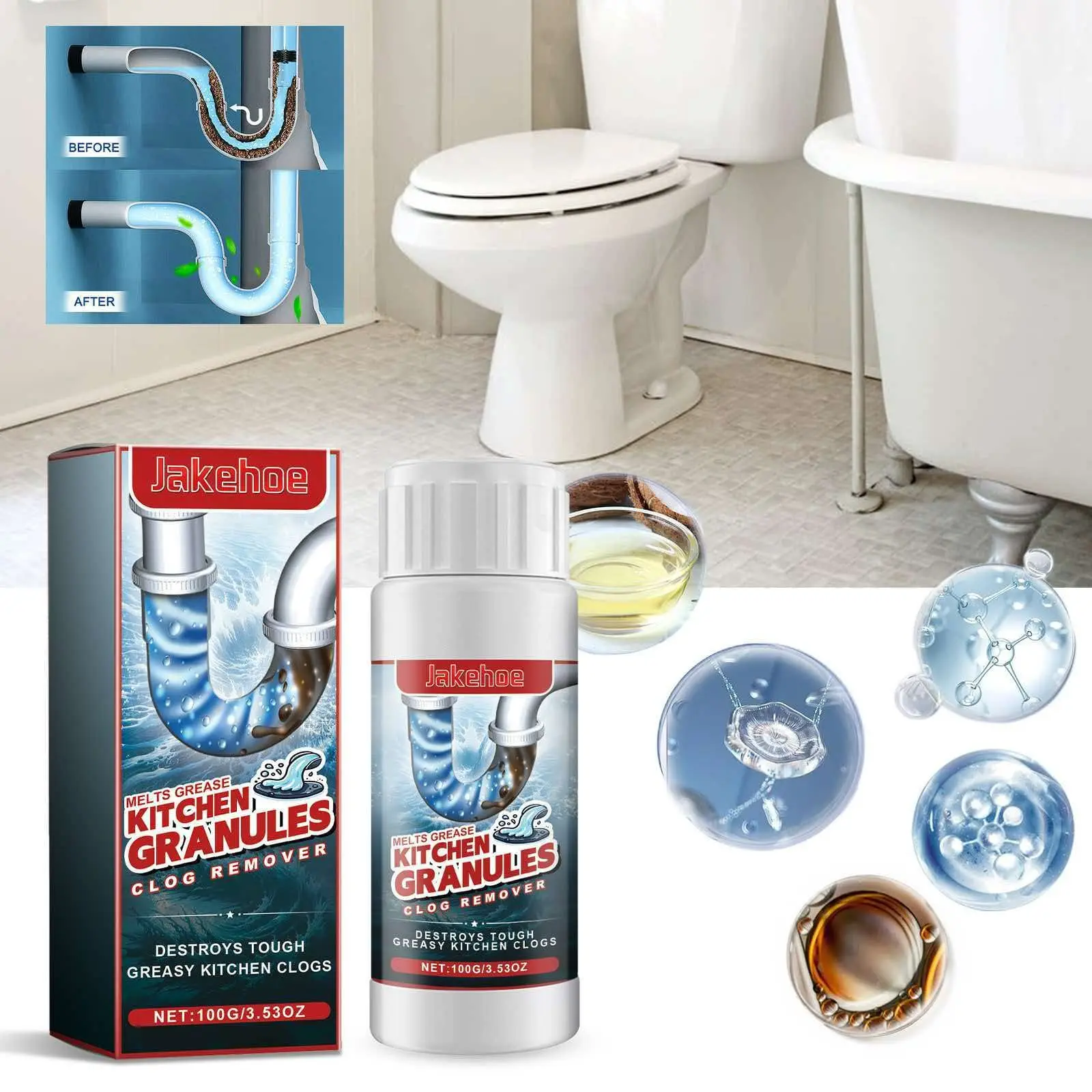 Pipe Unblocker Granules, Quickly Dissolves Kitchen Grease, Food Residue, Toilet Hair, Efficiently Clears Clogged Pipes, Removes Odors, Easy to Use