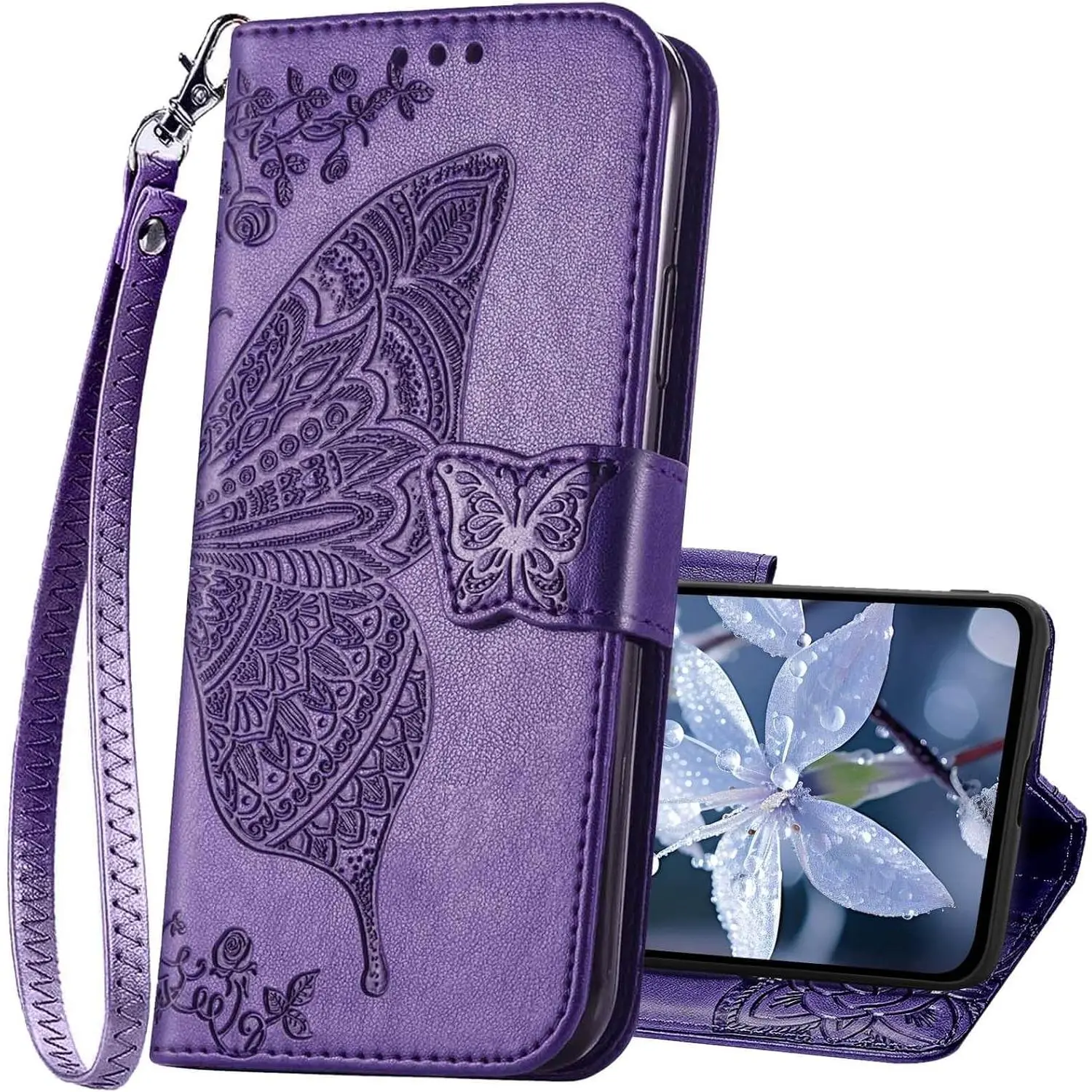 Women's Butterfly Embossed PU Leather Wallet Casing for Motorola Moto 5G 2025 Smartphone - PU Leather Purse Cover with Credit Holder, Stand, Wrist Strap, Protection (Purple) [Phone Accessories]