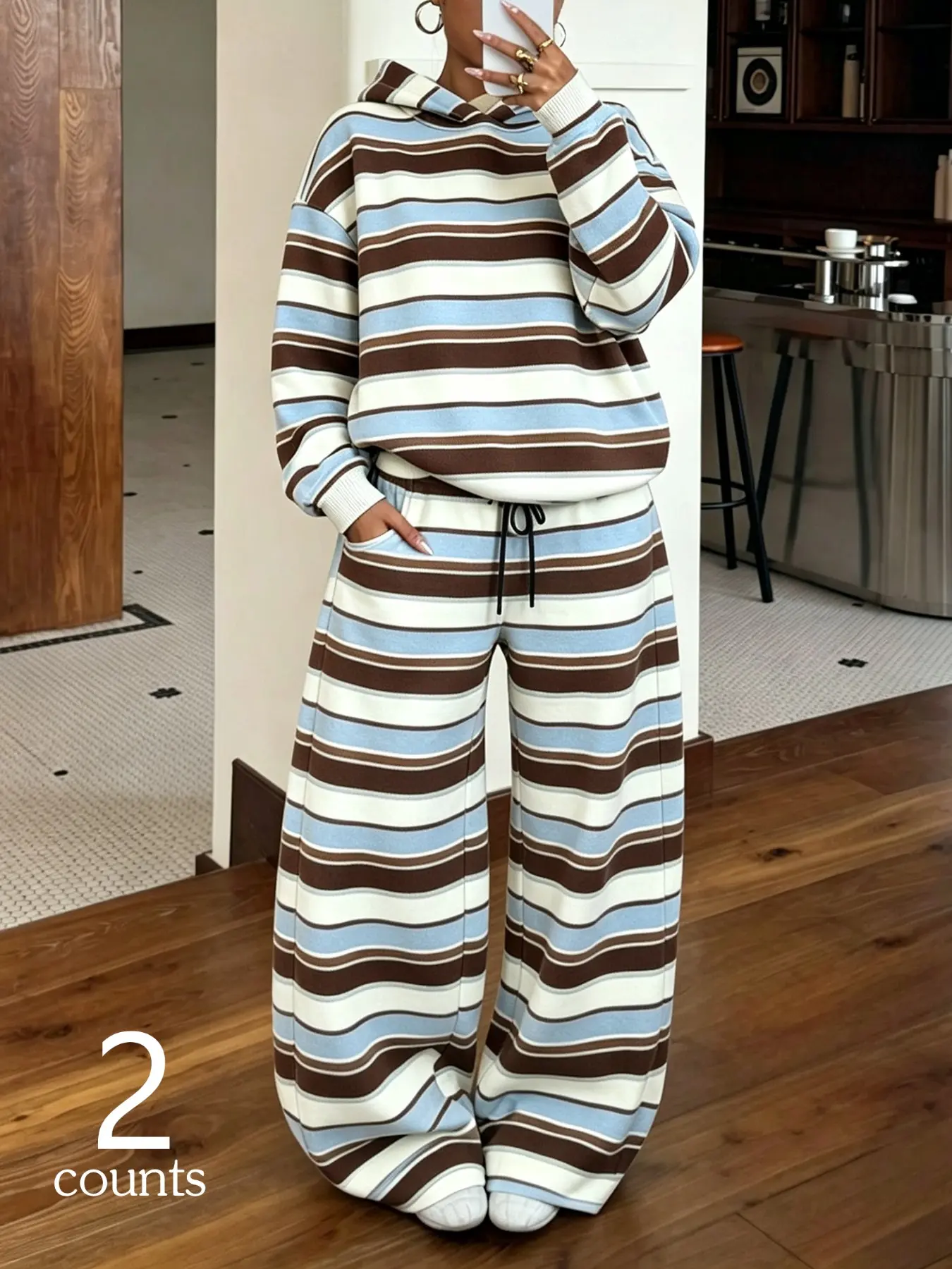 2 Piece Sets for Women Fleece Lined Striped Hoodie & Wide Leg Sweatpants, Loose Oversized Drop Shoulder Top, Drawstring Waist Pants, Brown Blue White Stripe Soft Warm Loungewear, Retro Streetwear Women's Clothes For Home Daily Errands Going-out