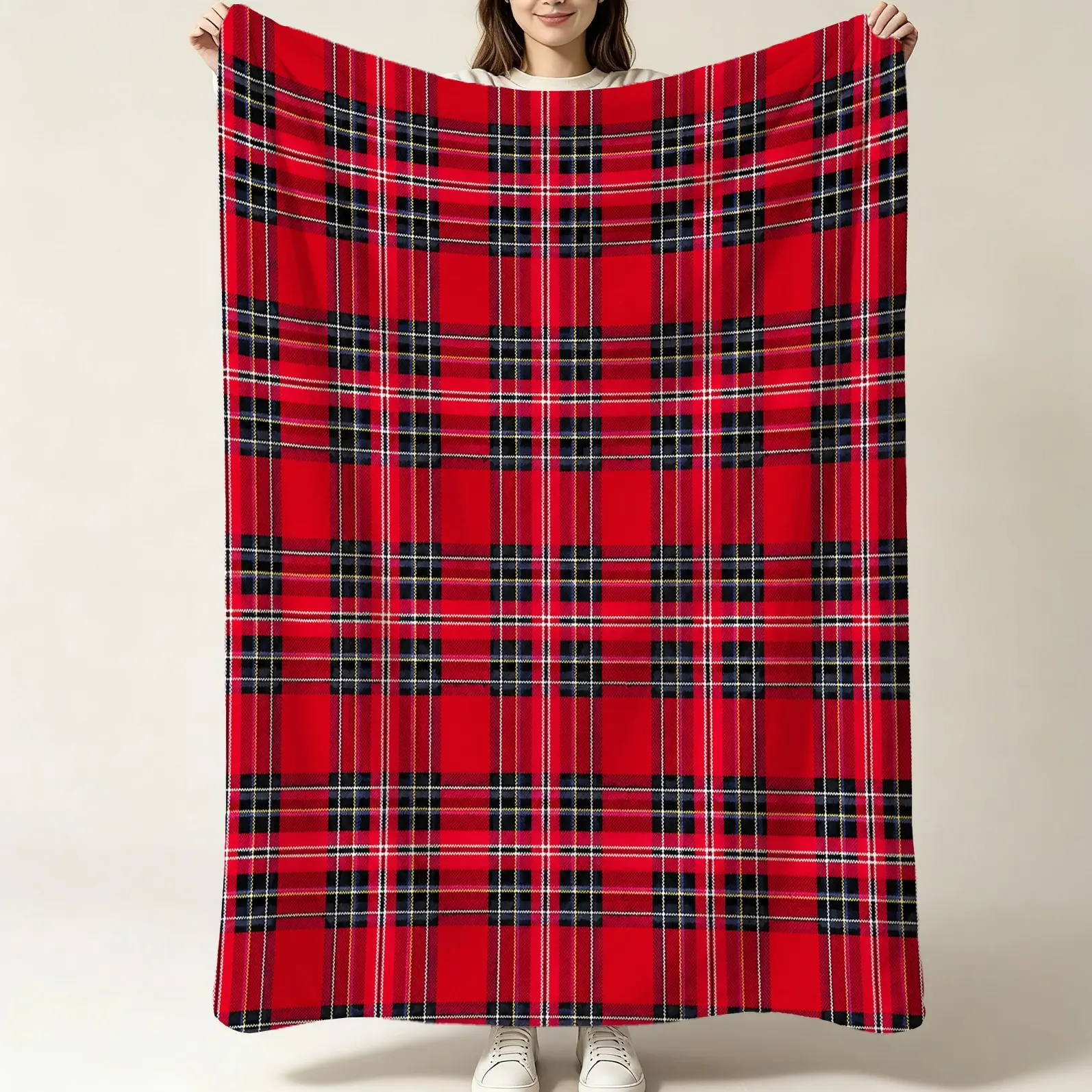 1 Pack Royal Red Scottish Tartan Flannel Throw Blanket, Single Side Digital Print, Lightweight & Skin-Friendly Blanket, Ideal for Sofa, Bed, Office Naps, Picnic, Camping, Travel, Perfect Holiday Gift for Family and Friends