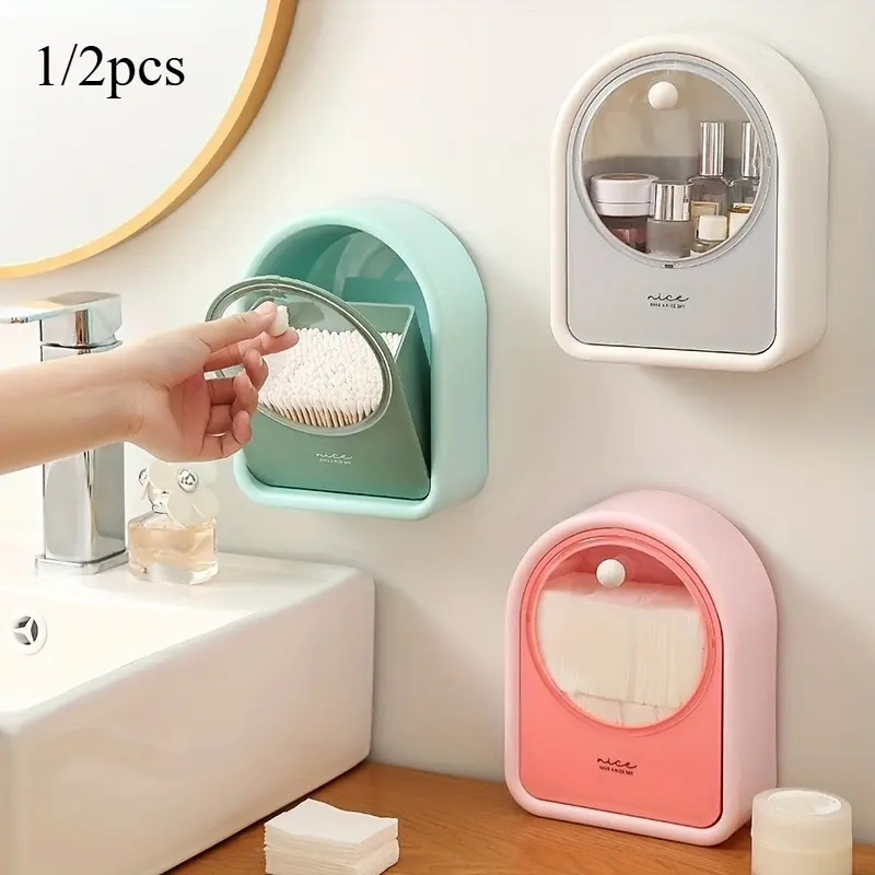 1/2pcs Makeup Cotton Storage Box, Wall Mounted Bathroom Hanging Wall Flap Put Makeup Cotton Remover Box, Cotton Sheet Cotton Swab Cosmetic Box, Punch-free Makeup Organizer, Home Storage & Organization (Green/Pink/White)
