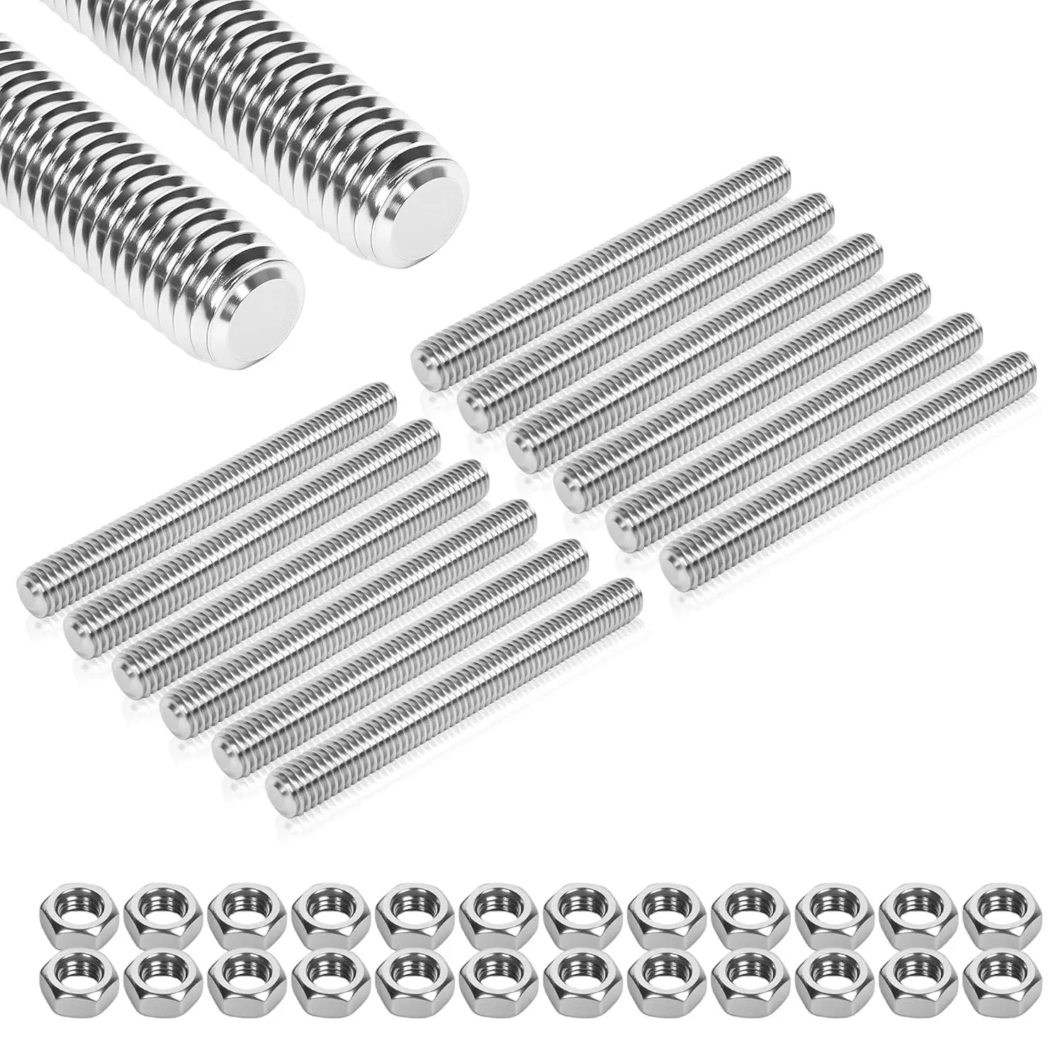 12 Pcs M6 304 Stainless Steel Fully Threaded Rods - General Use Solid Metal Standard Size, 1"(26mm) Right Hand Threads with Nuts