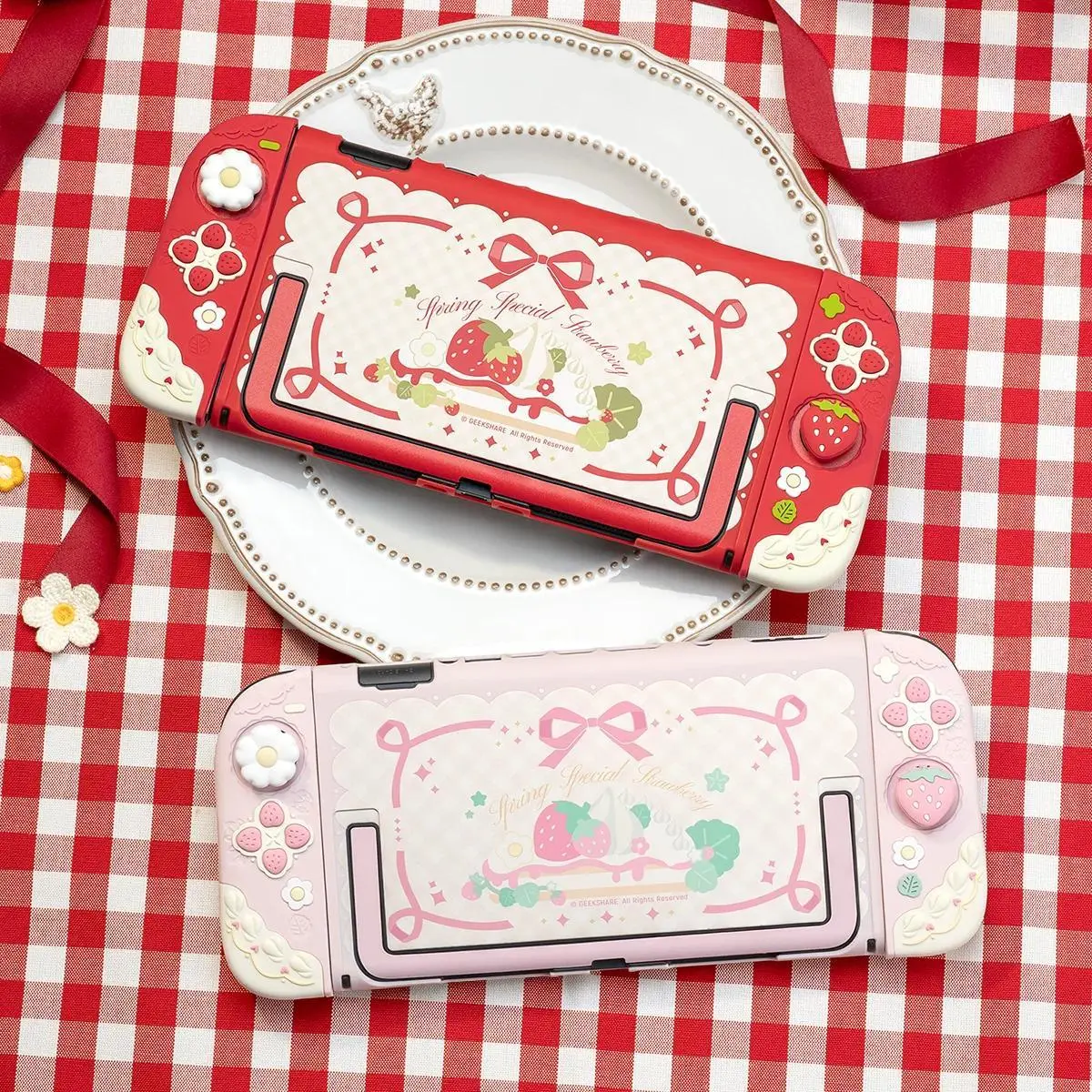 Geekshare Spring Strawberry Silicone Protective Case, JoyCon Cover & 1 Pair Customized Thumb Grips for Switch 2 - Accessories for Gamers