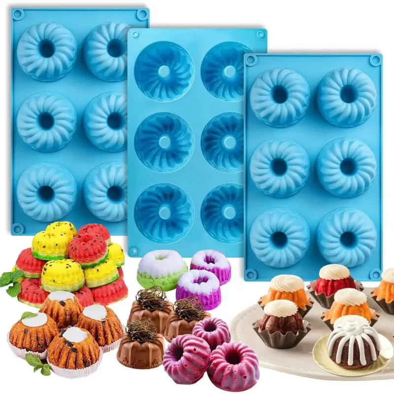 3-Count Non-Stick Mini Fluted Tube Baking Pans - 6-Cavity Synthetic Bake Molds, Dishwasher Safe Non Stick Muffin Cupcake Tins & Moulds for Chocoflan, Housewives